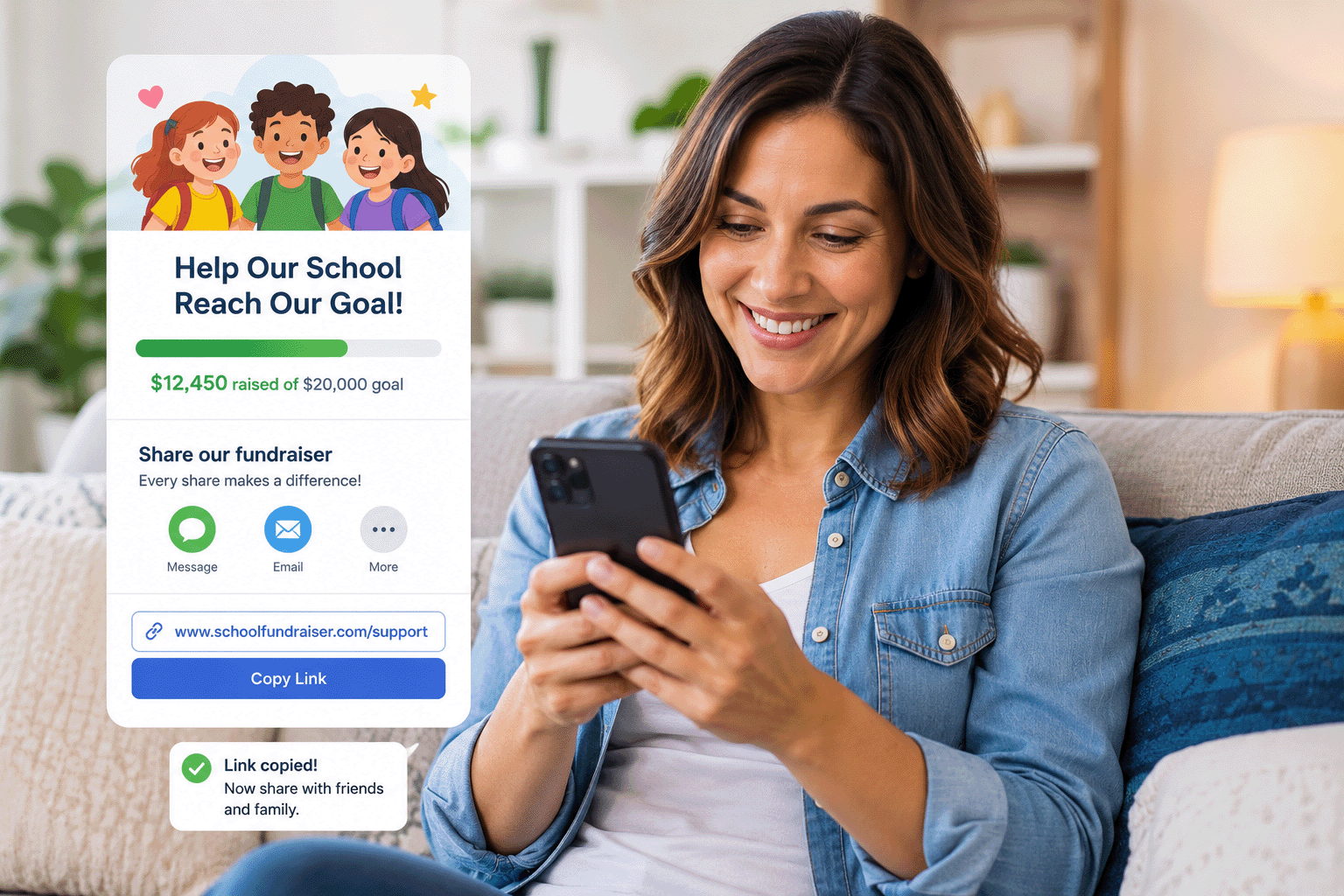 A smiling parent sharing a fundraiser link from their smartphone